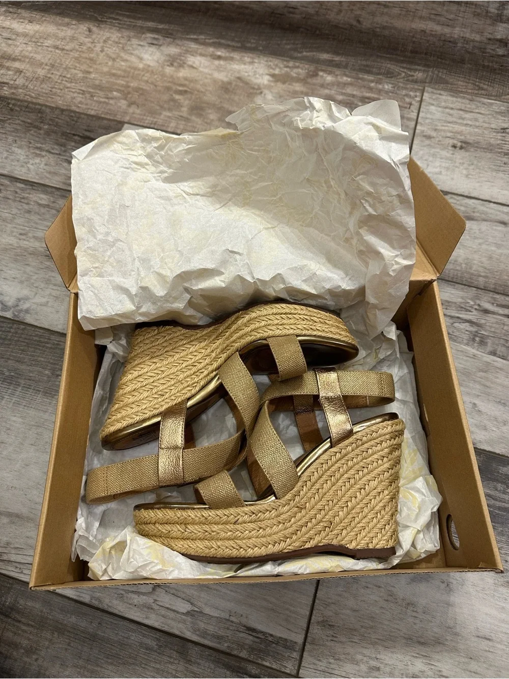 Sofft Metallic Gold Elastic-Strap Espadrille Wedges